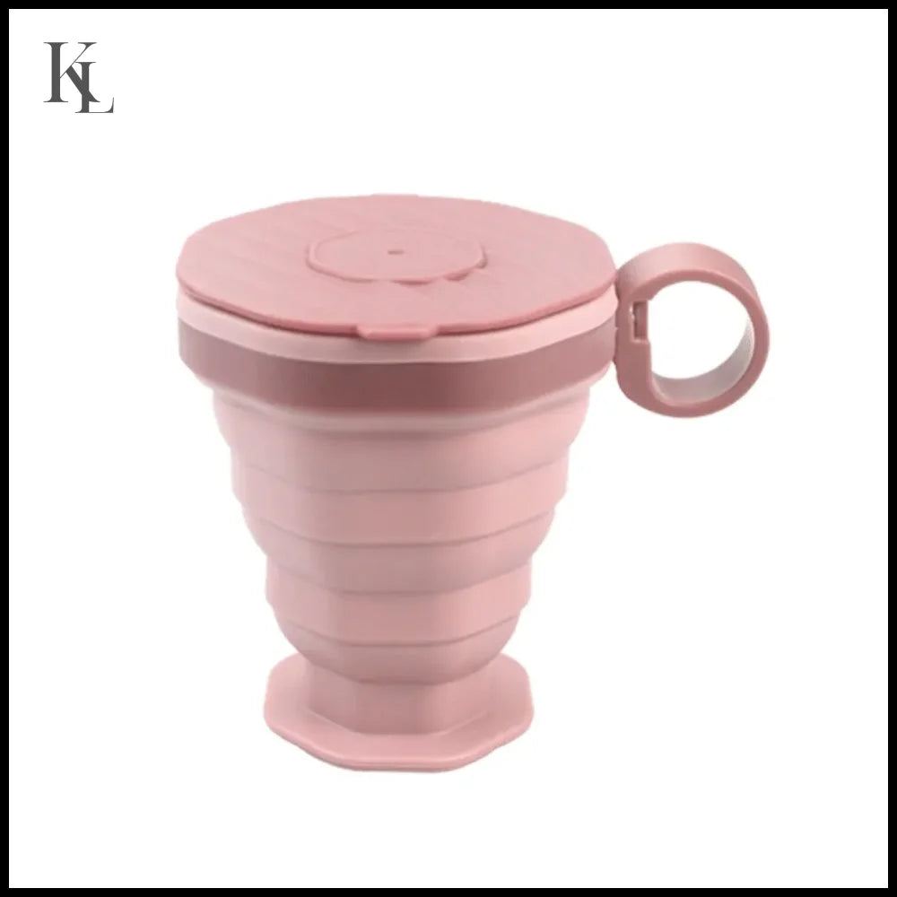 Folding Portable Coffee Cup Outdoor with Lid Pink PP bag