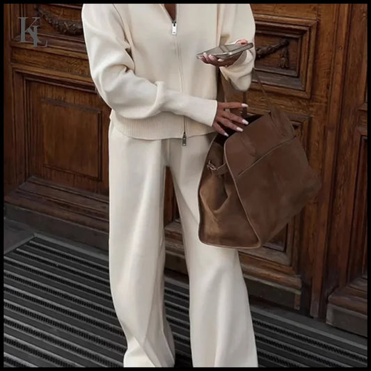 Knit Coat Pant Set Lantern Sleeve