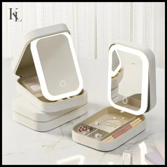 Makeup Storage Box With Led Light Mirror Portable Travel Cosmetic Case White