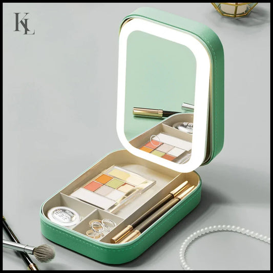 Makeup Storage Box With Led Light Portable Travel Cosmetics Foldable Mirror Gift Green / CHINA