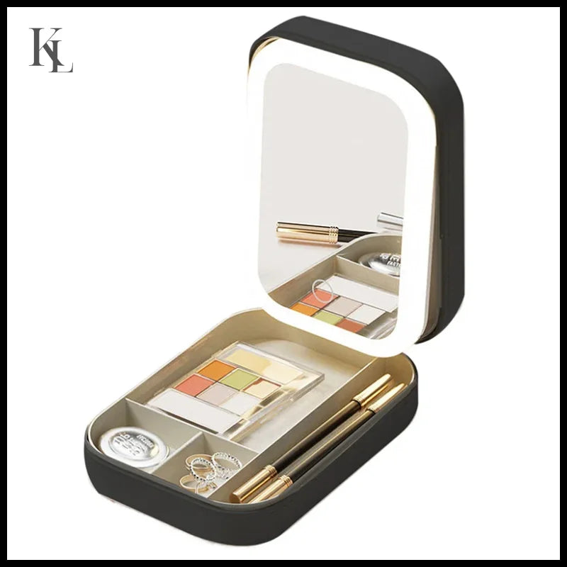 Multifunctional LED Light Cosmetic Mirror Jewelry And Cosmetics Storage Box Black