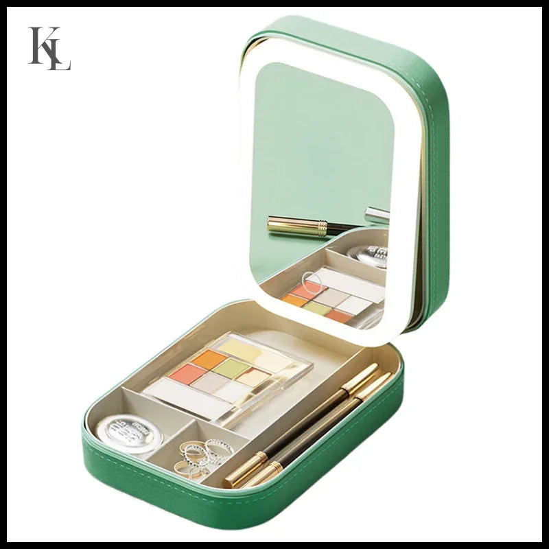 Multifunctional LED Light Cosmetic Mirror Jewelry And Cosmetics Storage Box Green