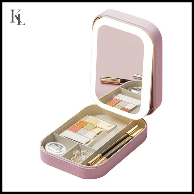 Multifunctional LED Light Cosmetic Mirror Jewelry And Cosmetics Storage Box Pink