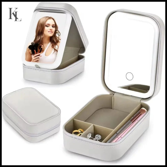 Rechargeable LED Makeup Mirror Portable Travel Cosmetic Storage Box.