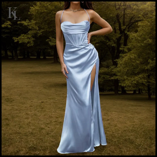 Satin Maxi Dress Corset Slit CHINA / Blue / L