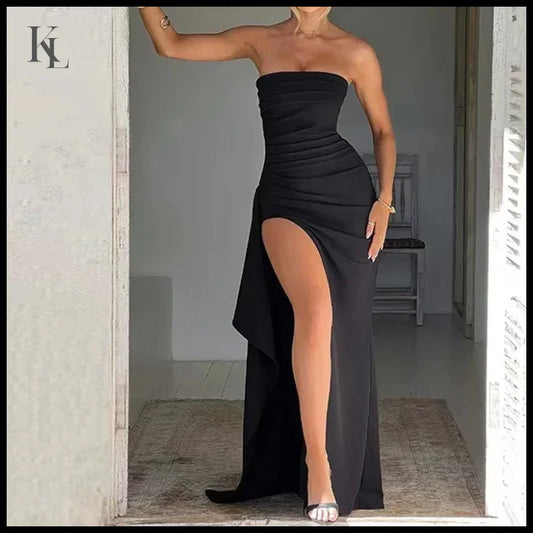 Summer Strapless High Slit Black Dress