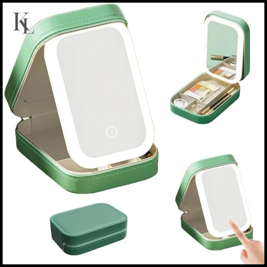 White Portable Travel Makeup Bag with Rechargeable LED Mirror Green 1pcs / CHINA