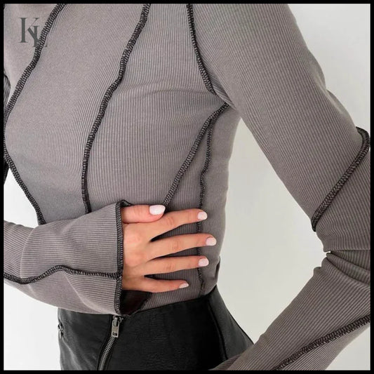 Women Patchwork T-Shirts Chic Casual Long Flare Sleeve Round Neck
